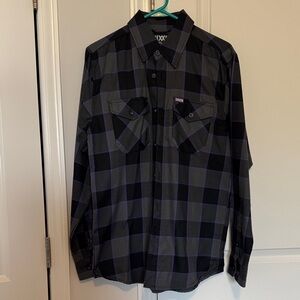DIXXON Black and Purple Plaid Flannel Shirt with Graphic Label
